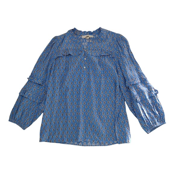 LOFT Top Blue Paisley Ruffle Puff Long Sleeve‎ Button Boho Spring Women's Small - Picture 1 of 9